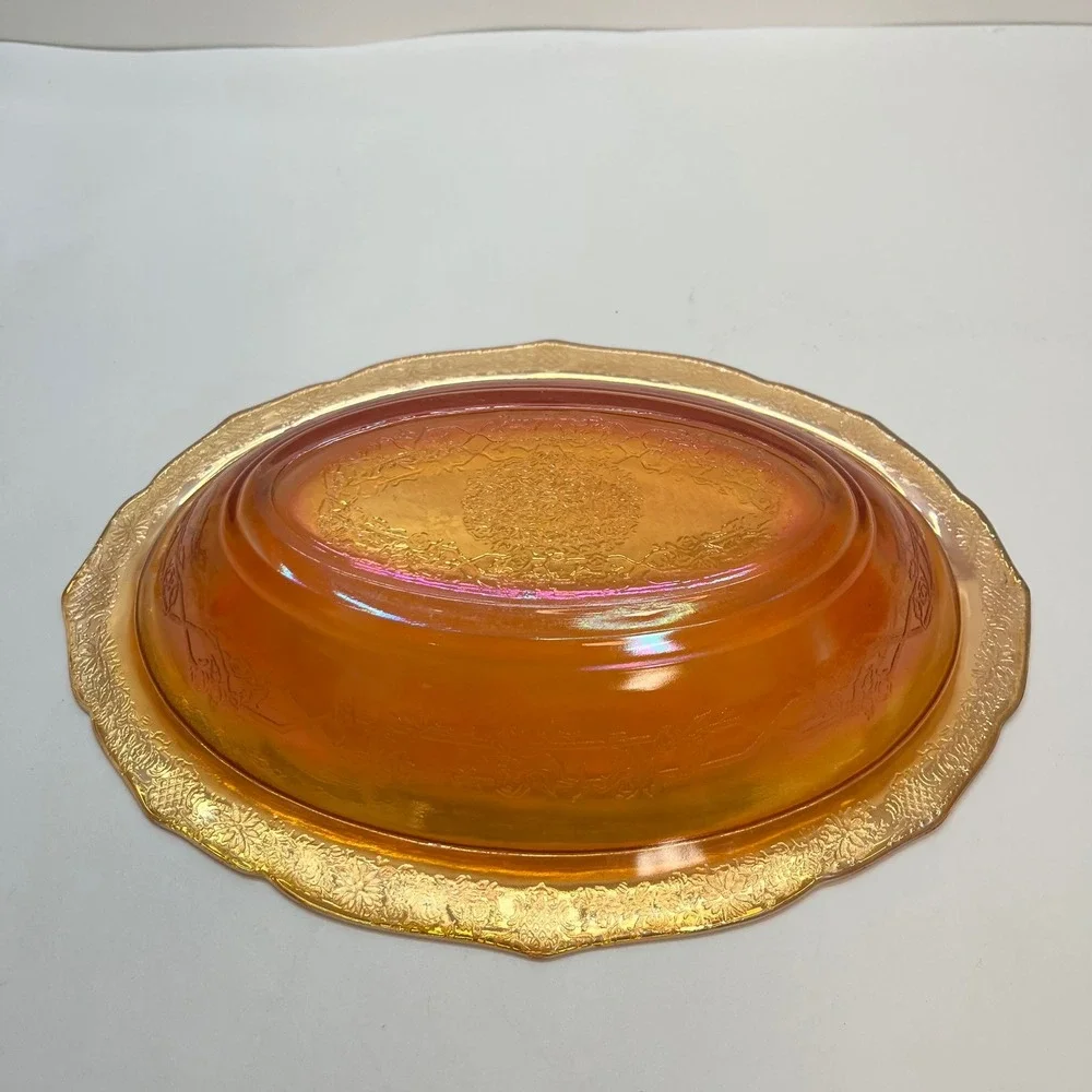 Jeanette Glass Iris and Herringbone Marigold Carnival Glass Oval‎ Vegetable Bowl